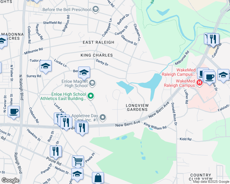 map of restaurants, bars, coffee shops, grocery stores, and more near 409 Dickens Drive in Raleigh