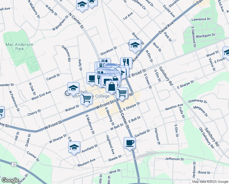map of restaurants, bars, coffee shops, grocery stores, and more near 207 South Center Street in Statesville