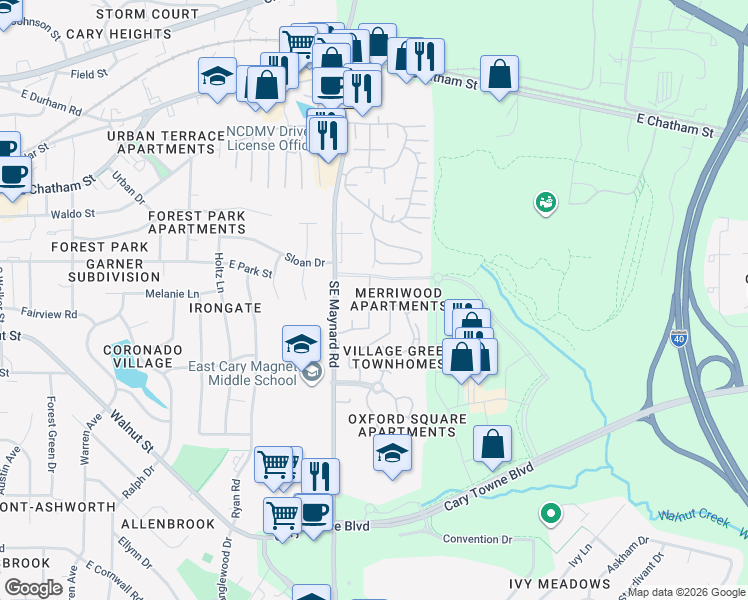 map of restaurants, bars, coffee shops, grocery stores, and more near 250 Maynard Summit Way in Cary