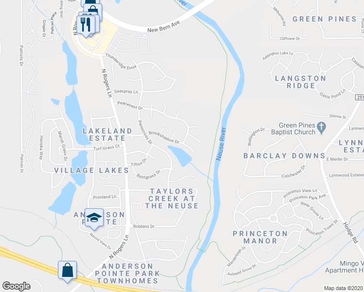 map of restaurants, bars, coffee shops, grocery stores, and more near 5801 Brookshadow Drive in Raleigh