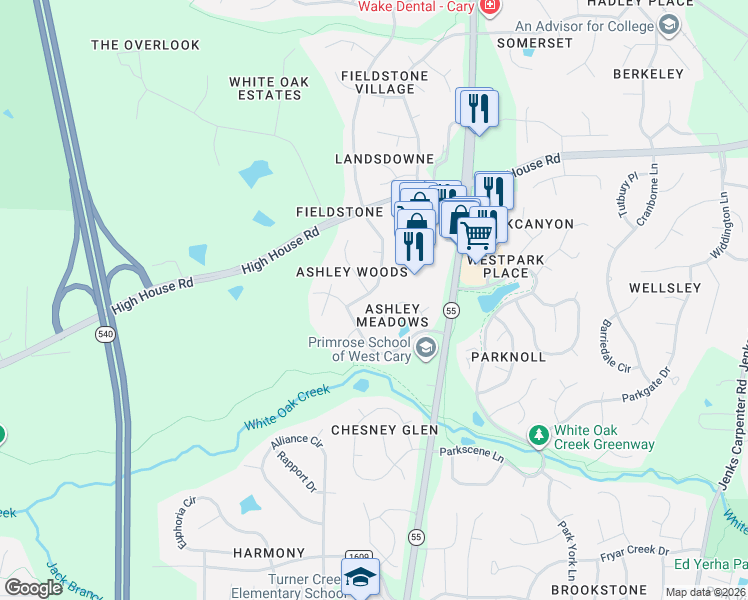 map of restaurants, bars, coffee shops, grocery stores, and more near 204 Capistrane Drive in Cary