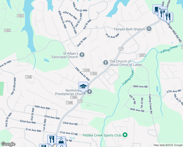 map of restaurants, bars, coffee shops, grocery stores, and more near 19 39th Avenue Court Northwest in Hickory