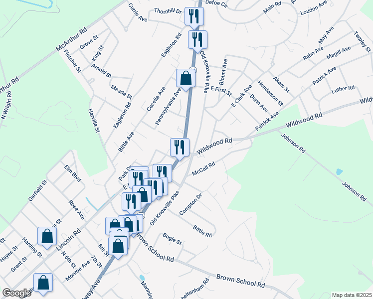 map of restaurants, bars, coffee shops, grocery stores, and more near 2216 East Broadway Avenue in Maryville