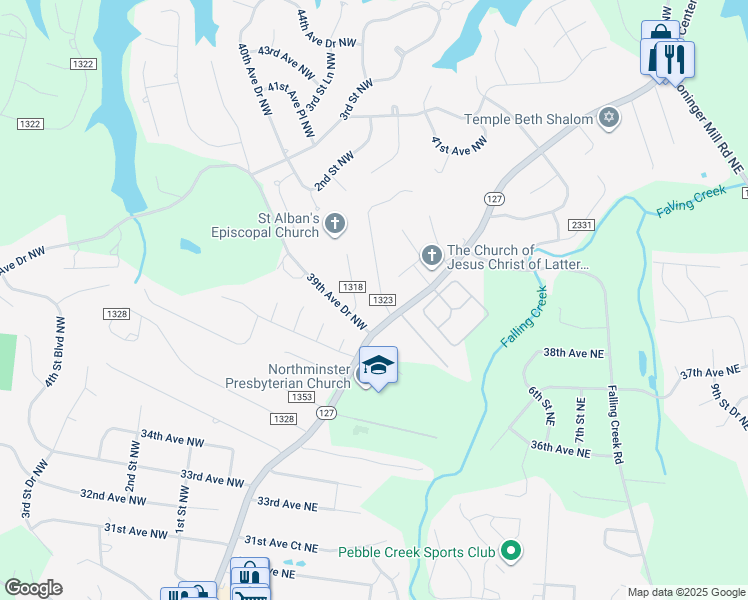 map of restaurants, bars, coffee shops, grocery stores, and more near 15 39th Avenue Court Northwest in Hickory
