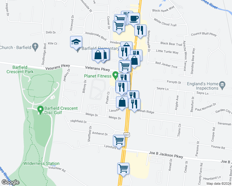 map of restaurants, bars, coffee shops, grocery stores, and more near 3018 London View in Murfreesboro