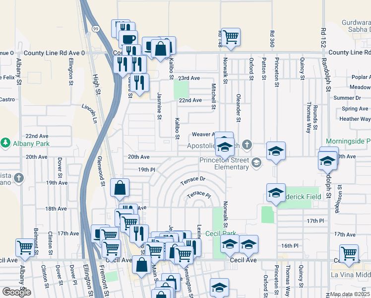 map of restaurants, bars, coffee shops, grocery stores, and more near 1105 Valencia Avenue in Delano