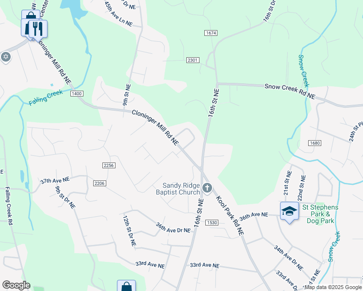 map of restaurants, bars, coffee shops, grocery stores, and more near 3902 13th Street Circle Northeast in Hickory