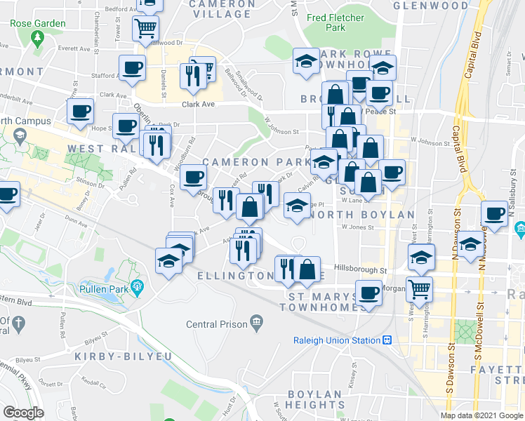 map of restaurants, bars, coffee shops, grocery stores, and more near 116 East Park Drive in Raleigh
