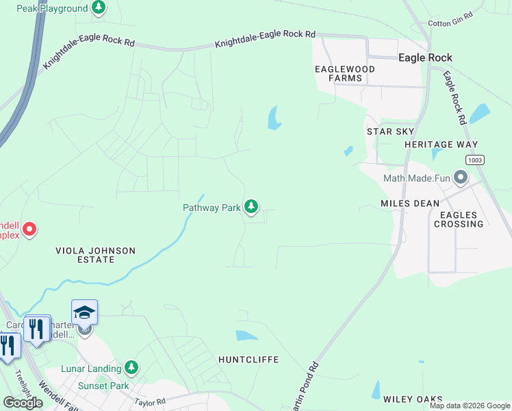 map of restaurants, bars, coffee shops, grocery stores, and more near 6304 Petunia Lane in Wendell