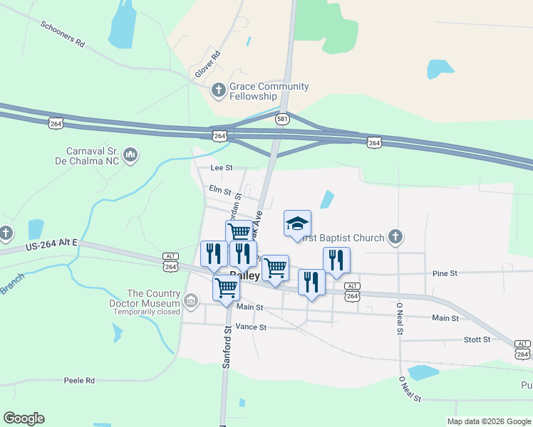 map of restaurants, bars, coffee shops, grocery stores, and more near 12157 Oak Avenue in Bailey