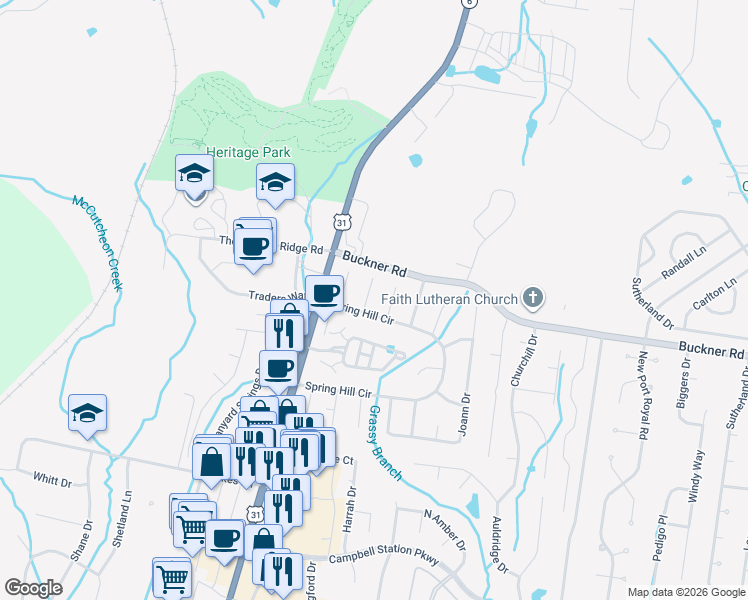 map of restaurants, bars, coffee shops, grocery stores, and more near 2507 Preston Way in Spring Hill