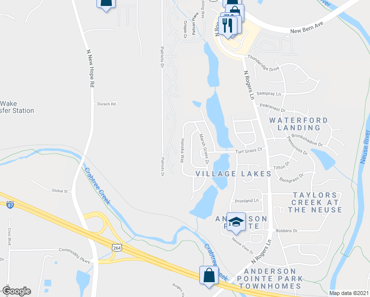 map of restaurants, bars, coffee shops, grocery stores, and more near 624 Hanska Way in Raleigh