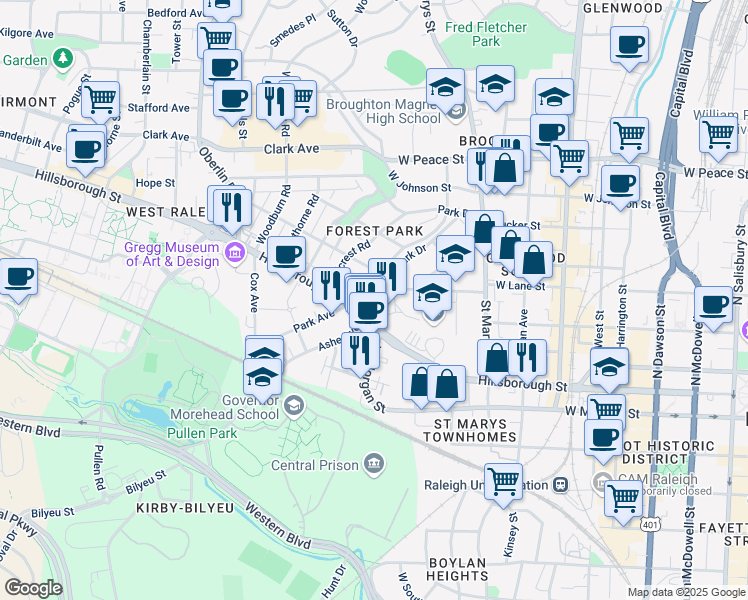 map of restaurants, bars, coffee shops, grocery stores, and more near 1305 College Place in Raleigh