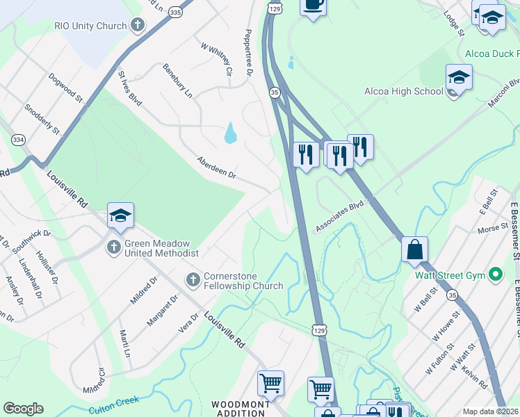 map of restaurants, bars, coffee shops, grocery stores, and more near 622 Kirkwell Drive in Alcoa
