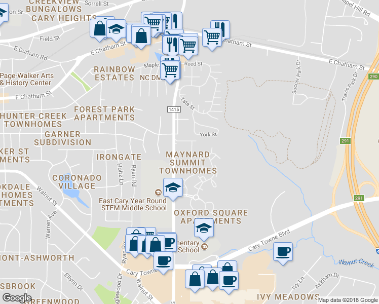 map of restaurants, bars, coffee shops, grocery stores, and more near 241 Maynard Summit Way in Cary