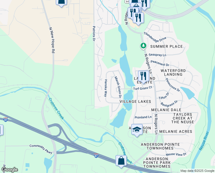 map of restaurants, bars, coffee shops, grocery stores, and more near 624 Hanska Way in Raleigh
