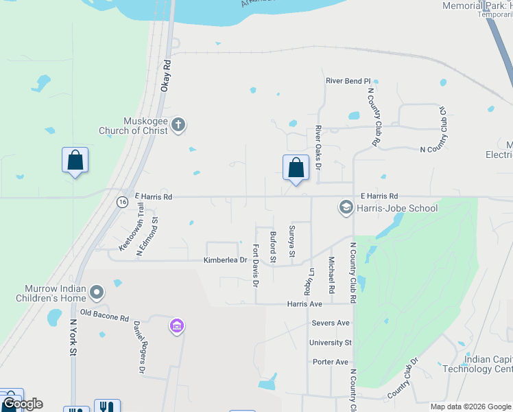 map of restaurants, bars, coffee shops, grocery stores, and more near 3300 East Harris Road in Muskogee