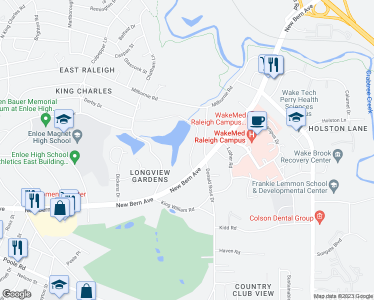 map of restaurants, bars, coffee shops, grocery stores, and more near 2618 Albemarle Avenue in Raleigh
