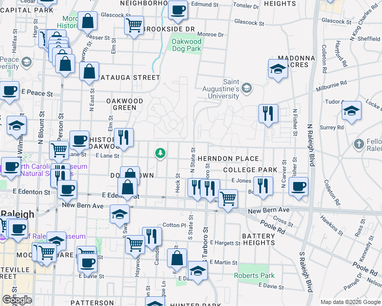 map of restaurants, bars, coffee shops, grocery stores, and more near in Raleigh