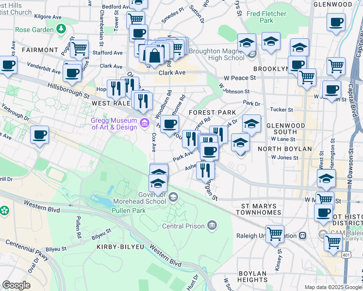 map of restaurants, bars, coffee shops, grocery stores, and more near 1505 Hillsborough Street in Raleigh
