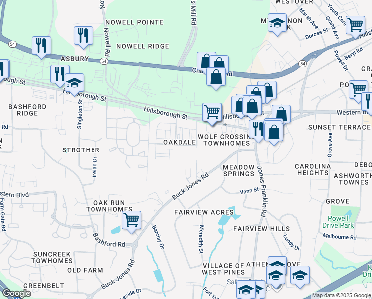 map of restaurants, bars, coffee shops, grocery stores, and more near 5711 Waycross Street in Raleigh