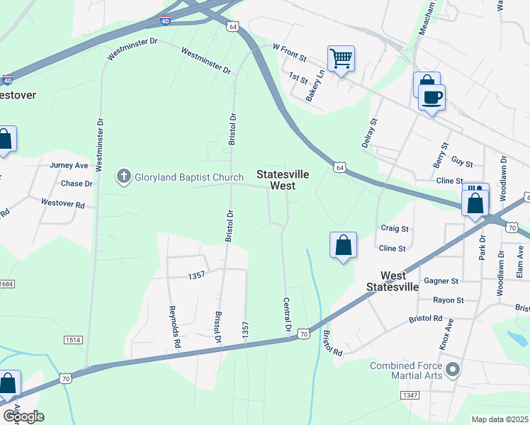 map of restaurants, bars, coffee shops, grocery stores, and more near 518 Holly Street in Statesville