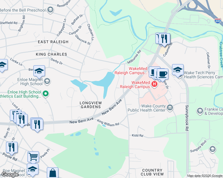 map of restaurants, bars, coffee shops, grocery stores, and more near 2614 Albemarle Avenue in Raleigh