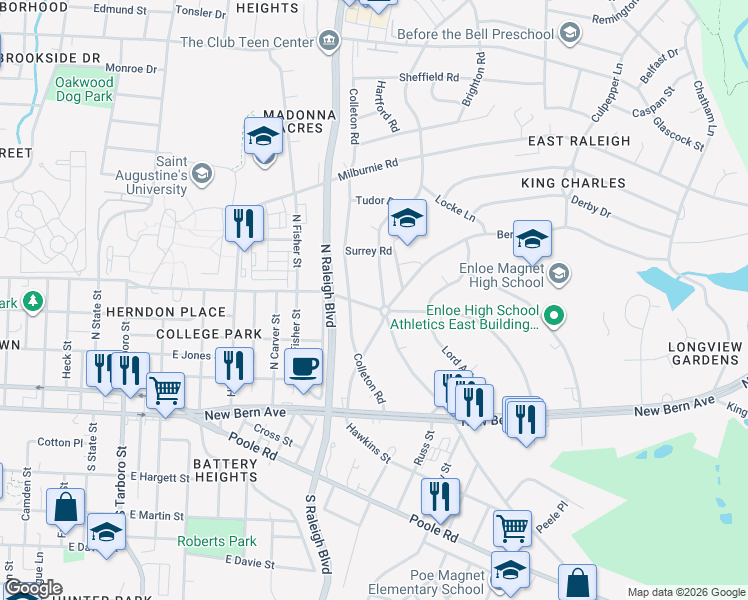 map of restaurants, bars, coffee shops, grocery stores, and more near 300 Colleton Road in Raleigh