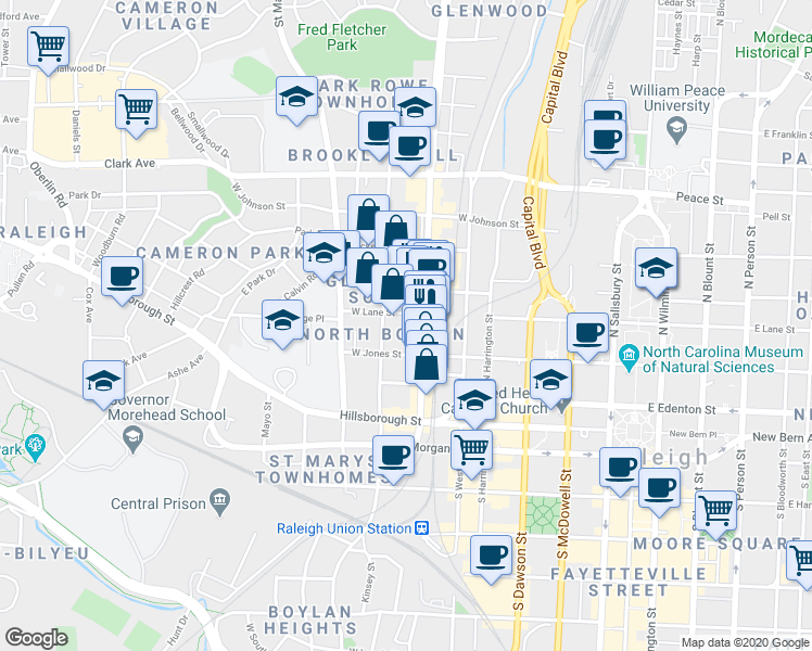 map of restaurants, bars, coffee shops, grocery stores, and more near 221 Glenwood Avenue in Raleigh
