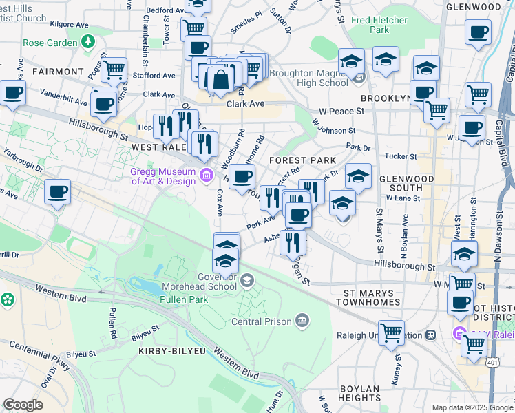 map of restaurants, bars, coffee shops, grocery stores, and more near 1505 Hillsborough Street in Raleigh
