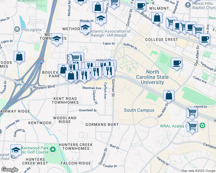 map of restaurants, bars, coffee shops, grocery stores, and more near 1008 Carlton Avenue in Raleigh