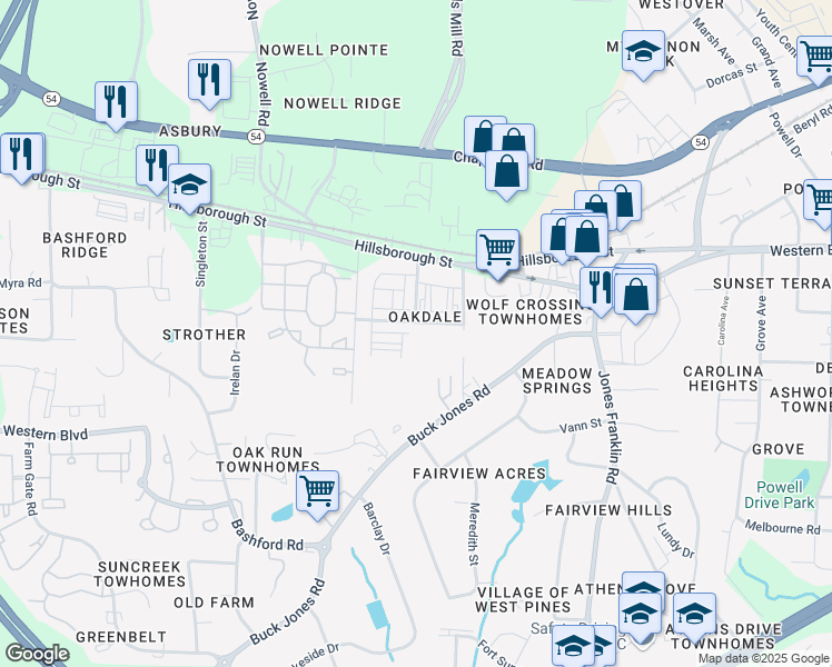 map of restaurants, bars, coffee shops, grocery stores, and more near 5801 Waycross Street in Raleigh