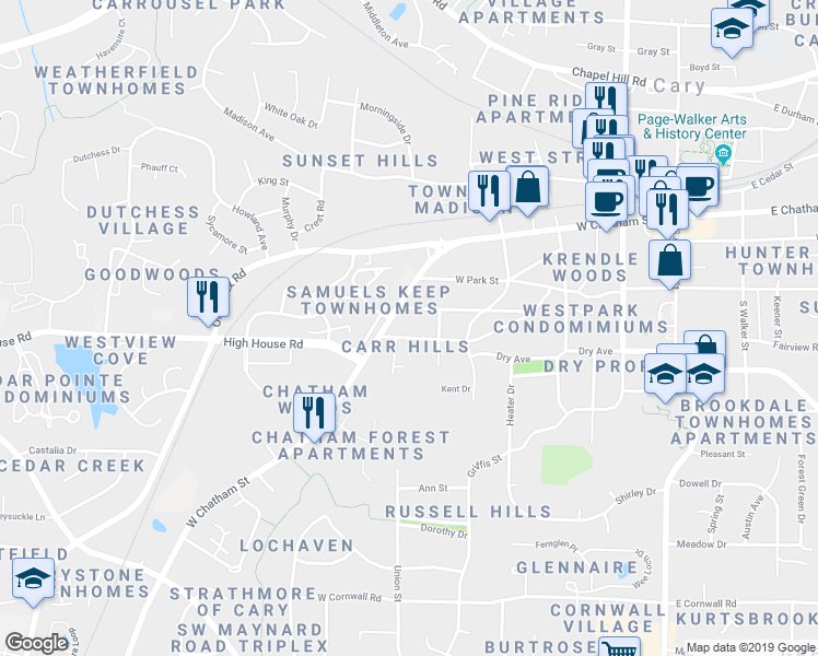 map of restaurants, bars, coffee shops, grocery stores, and more near 515 Willow Street in Cary