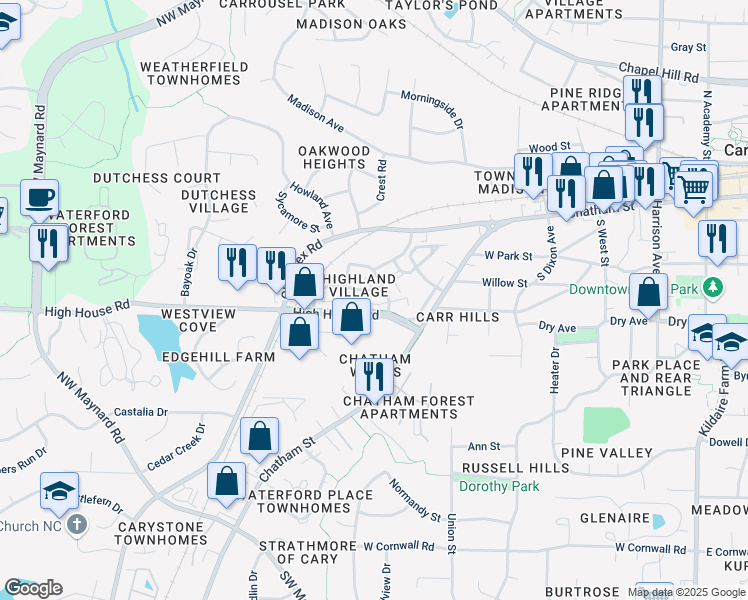 map of restaurants, bars, coffee shops, grocery stores, and more near 824 Malcolm Valley Place in Cary
