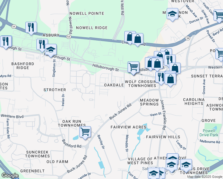 map of restaurants, bars, coffee shops, grocery stores, and more near 5801 Waycross Street in Raleigh