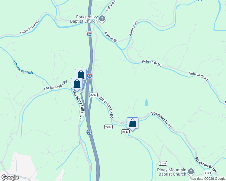 map of restaurants, bars, coffee shops, grocery stores, and more near 36 Stockton Road in Weaverville