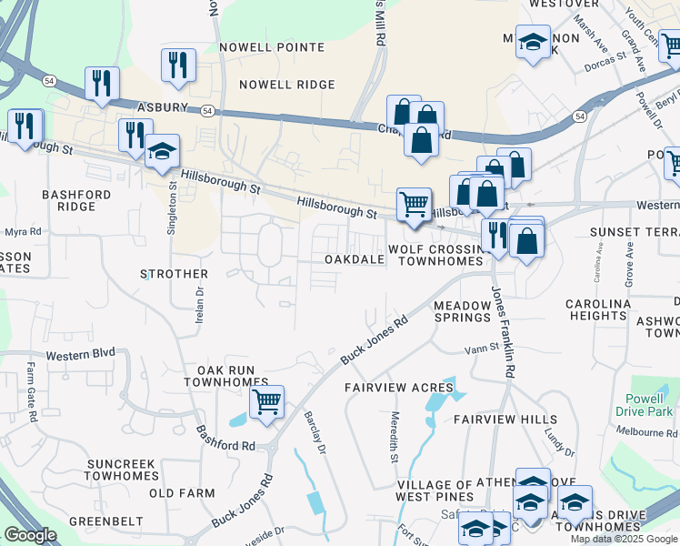 map of restaurants, bars, coffee shops, grocery stores, and more near 5801 Waycross Street in Raleigh
