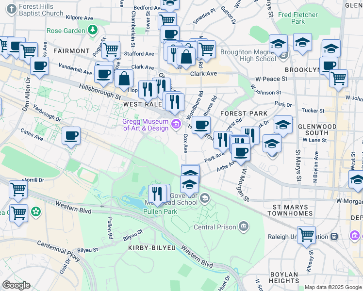map of restaurants, bars, coffee shops, grocery stores, and more near 122 Cox Avenue in Raleigh