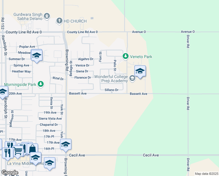 map of restaurants, bars, coffee shops, grocery stores, and more near 2534 San Gabriele Drive in Delano