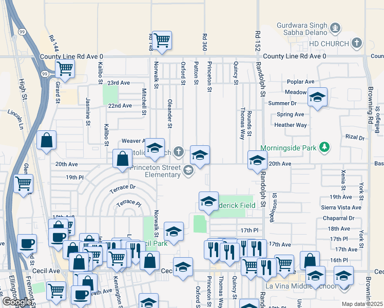 map of restaurants, bars, coffee shops, grocery stores, and more near 1514 21st Avenue in Delano
