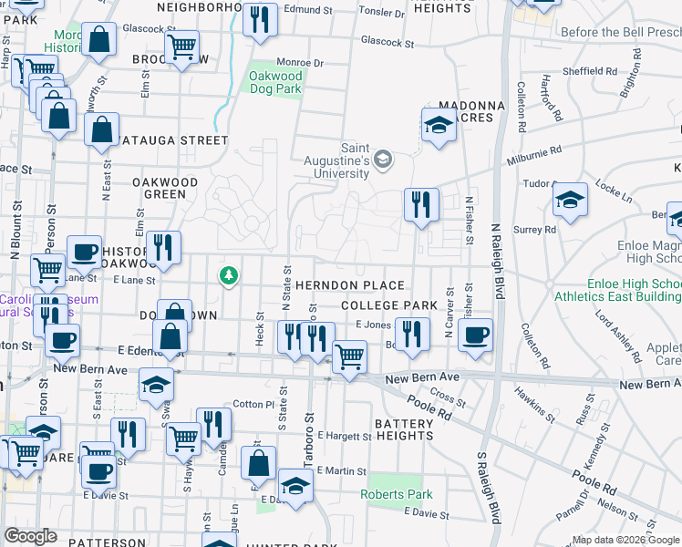 map of restaurants, bars, coffee shops, grocery stores, and more near 1316 Oakwood Avenue in Raleigh