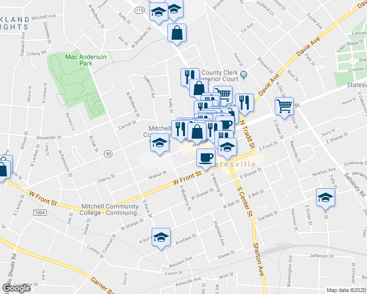 map of restaurants, bars, coffee shops, grocery stores, and more near 238 West Broad Street in Statesville