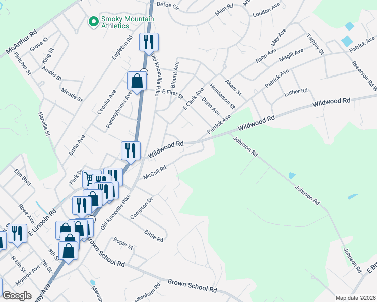 map of restaurants, bars, coffee shops, grocery stores, and more near 2316 Patrick Avenue in Maryville