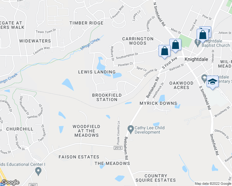map of restaurants, bars, coffee shops, grocery stores, and more near 305 Switchback Street in Knightdale