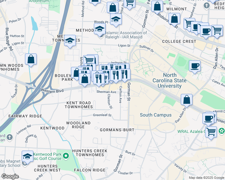 map of restaurants, bars, coffee shops, grocery stores, and more near 3820 Sherman Avenue in Raleigh