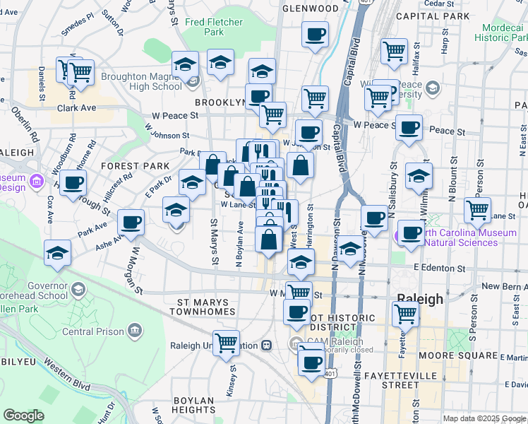 map of restaurants, bars, coffee shops, grocery stores, and more near 221 Glenwood Avenue in Raleigh