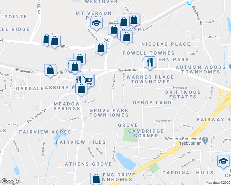 map of restaurants, bars, coffee shops, grocery stores, and more near 605 Carolina Avenue in Raleigh