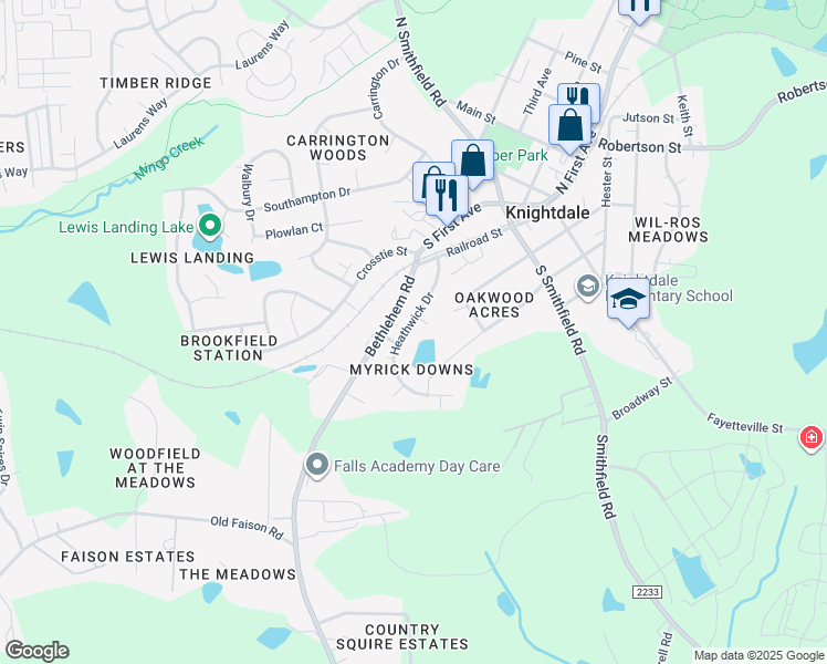 map of restaurants, bars, coffee shops, grocery stores, and more near 203 Heathwick Drive in Knightdale