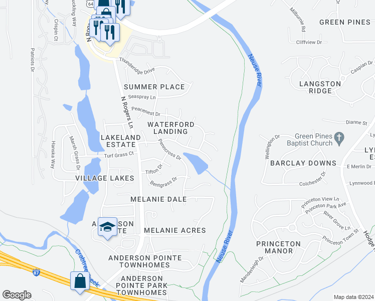 map of restaurants, bars, coffee shops, grocery stores, and more near 5700 Brookshadow Drive in Raleigh