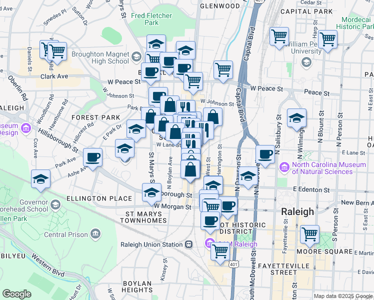 map of restaurants, bars, coffee shops, grocery stores, and more near 221 Glenwood Avenue in Raleigh